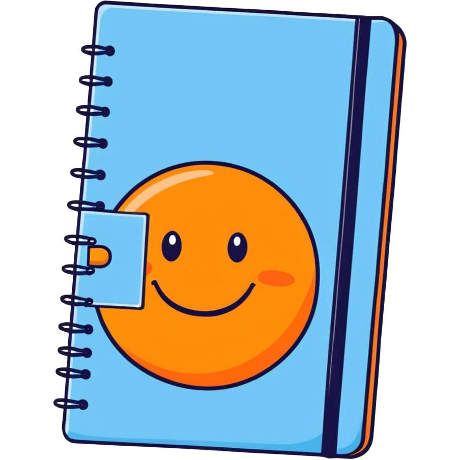 sky blue notebook with a smiling face, cartoonish sticker style emoji