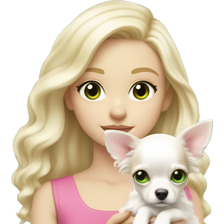 pale blond girl with wavy long platinum hair with green eyes holding a white chihuahua puppy that wearing a pink bow emoji