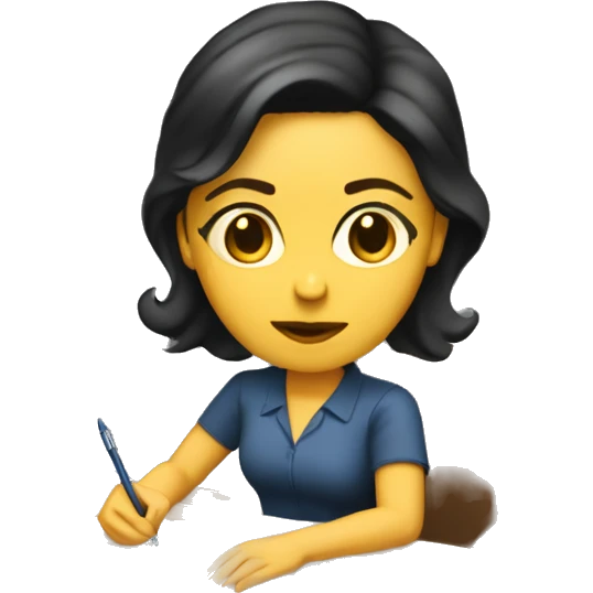 white mom with short dark hair writing  a notebook on a wooden office desk emoji