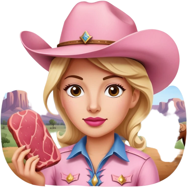 a pink cowgirl painting a SPAM meat portrait landscape  emoji