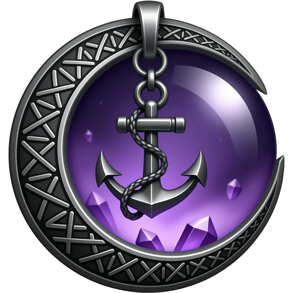 „blackened crescent‑moon and anchor pen„blackened crescent‑moon and anchor pendant fused together, intricate runic engravings, deep violet inner glow, small purple crystals emitting mist, moonlight reflecting on metal, ethereal atmosphere, high detail, no characters“ emoji