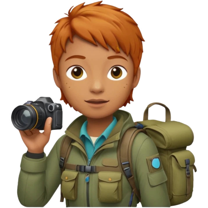 
wildlife photographer, trekking clothes, ginger hair emoji