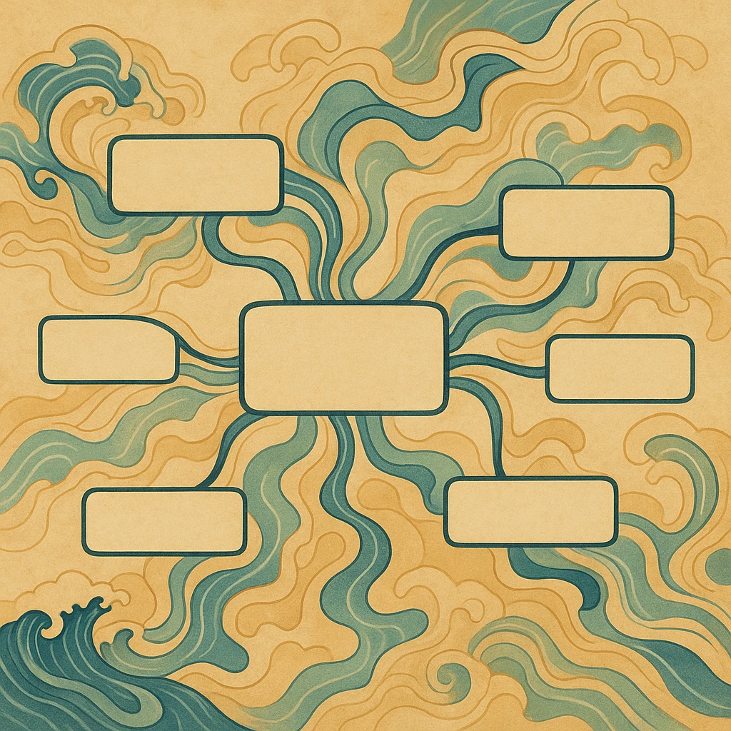 ukiyo-e inspired mindmap with flowing lines and organic shapes emoji