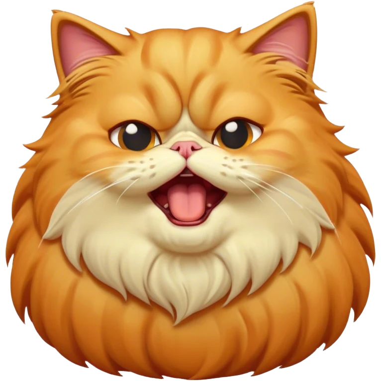 Cinematic Derpy Grumpy Comical Orange Persian Cat Portrait Emoji, Head tilted playfully with an adorably awkward yawning expression, fluffy orange fur with soft cream and golden undertones, Simplified yet hilariously derpy features, highly detailed, glowing with a warm but slightly confused glow, high shine, a mix of lazy and clueless, stylized with a touch of whimsy, bright but with a completely derpy and grumpy face, soft glowing outline, capturing the essence of a quirky yet chubby, grumpy kitty, so endearing it feels like it could stretch out of the screen and demand attention with its wonderfully derpy charm while yawning! emoji