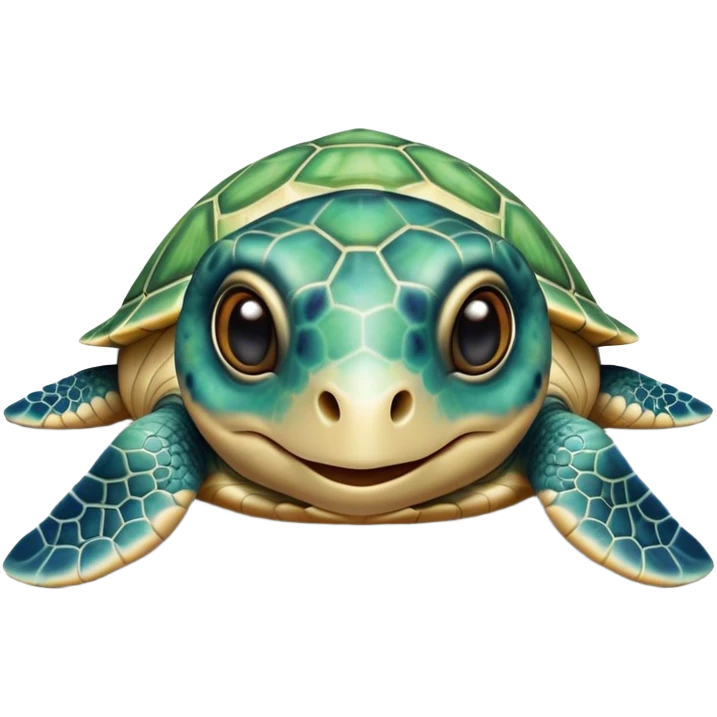 Cinematic Realistic Cute Sea Turtle Portrait Emoji, Head tilted playfully and inquisitively, featuring a compact, gentle form with a beautifully detailed shell adorned with natural patterns and a soft, expressive face with sparkling eyes, rendered with realistic textures and warm ambient light; high shine, affectionate and spirited, styled with a touch of marine whimsy, soft glowing outline, capturing the essence of a mischievous yet lovable sea turtle that seems ready to swim playfully into your arms! emoji