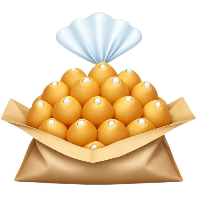 3D rendered mini Hong Kong egg puffs (鸡蛋仔) in paper bag, authentic bubble pattern, vibrant golden color, hyper-realistic texture, glossy finish, detailed individual bubbles, traditional street food presentation emoji