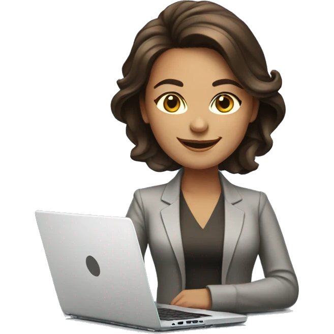 boss lady with laptop, brunette hair, smiling, beautiful and friendly face emoji