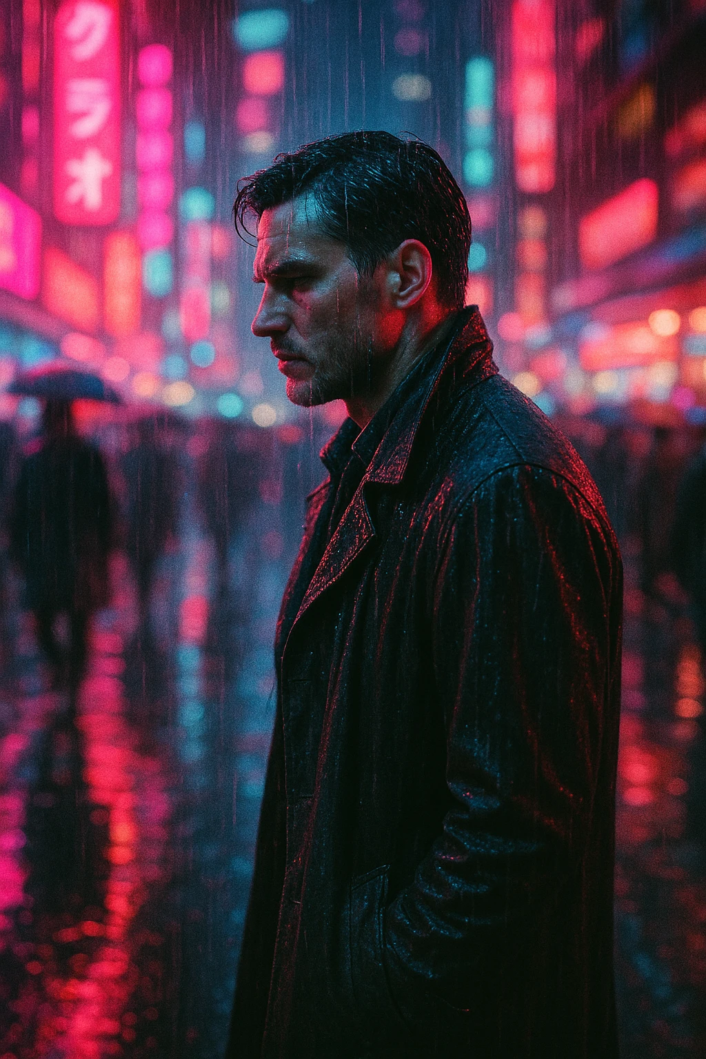 cinematic cyberpunk portrait of a man walking through a neon-lit futuristic city at night, heavy rain, soaked trench coat, neon reflections on wet street, dramatic side profile, serious expression, vibrant pink and blue ambient lighting from neon signs, busy urban street with motion blur of rushing crowd, shallow depth of field, shot on 35mm film, detailed textures, moody Blade Runner atmosphere, camera 35mm lens aperture f/1.4, lighting ambient neon rim lighting, colors neon cyan magenta purple electric blue hints of deep red, mood introspective tense noir detective, post-processing analog film grain slight chromatic aberration emoji