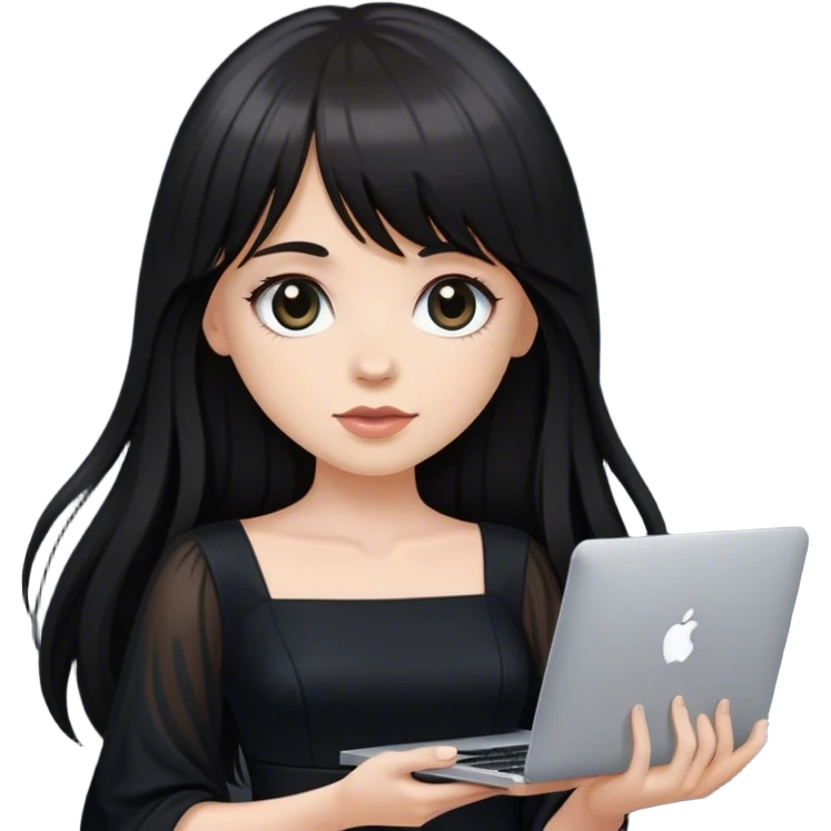 Beautiful white girl, with dark very long hair with bang, wearing black dress, holding MacBook  emoji
