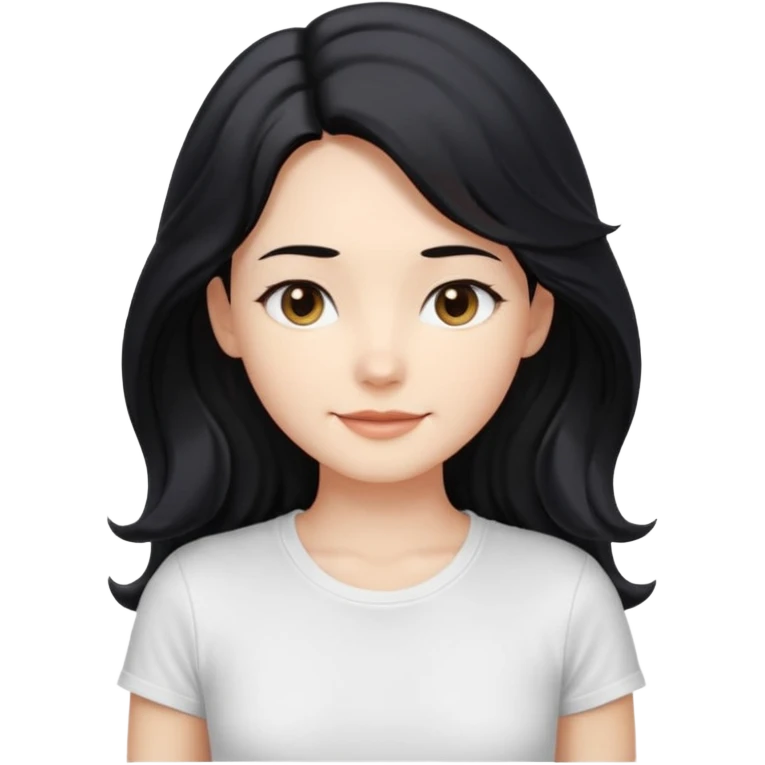 front-facing, chest-up portrait, symmetrical pose
long wavy black hair, glossy strands, slightly rounded volume, soft gentle smile, relaxed eyes, cute proportions
white T-shirt, minimal, pure white background, bright soft lighting, smooth plastic-like material, clean rende emoji