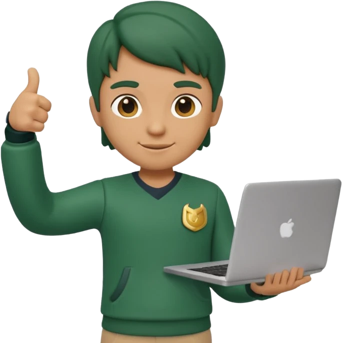 3D clay character standing confident, laptop under arm, thumbs up, deep green (#0B3D2C), cream laptop, gold accents, cute rounded, transparent background emoji