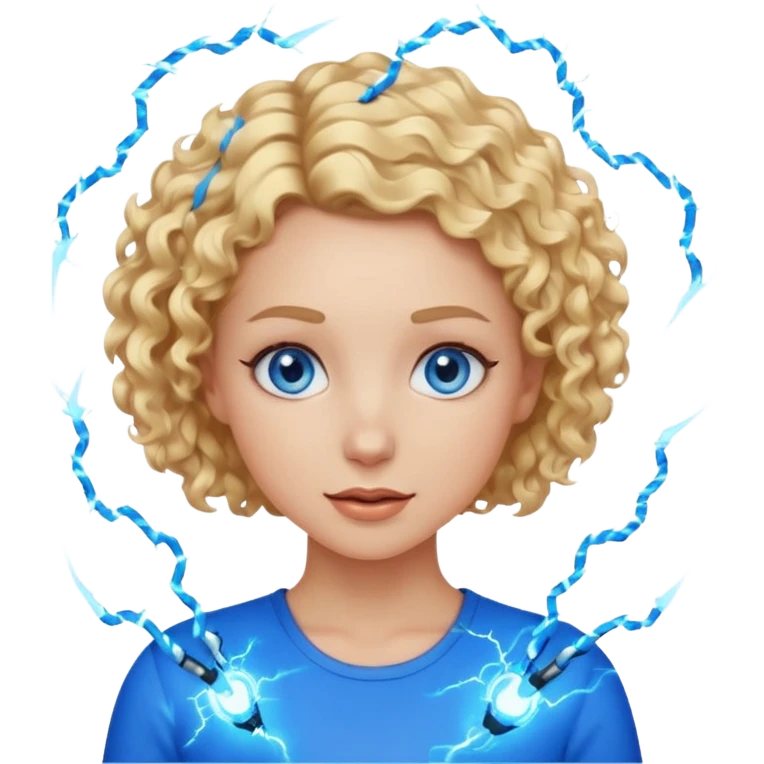 a woman with short curly blonde hair, blue eyes, blue electricity crackling around her, cute and bold, emoji style emoji