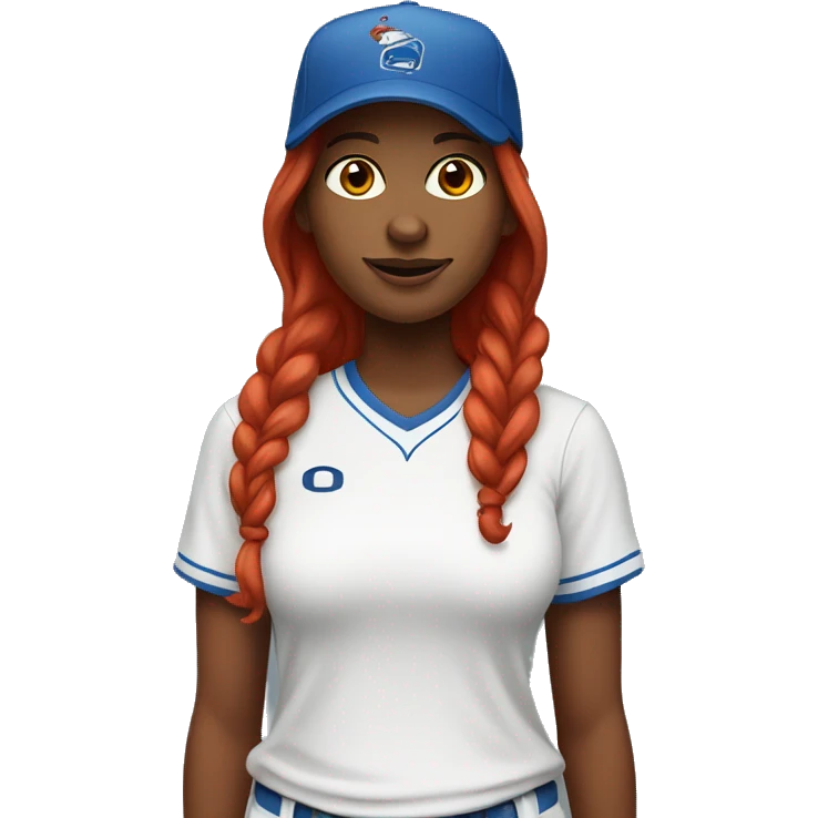 front facing standing up female coach with long red hair, wearing a white t-shirt and a simple baseball blue hat emoji