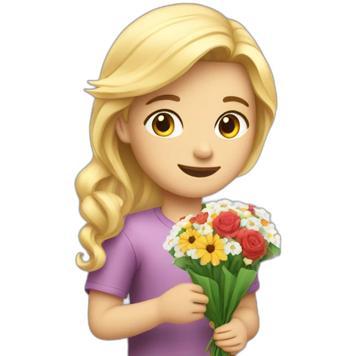 A boy who offers a bouquet of flowers to a pretty blonde emoji