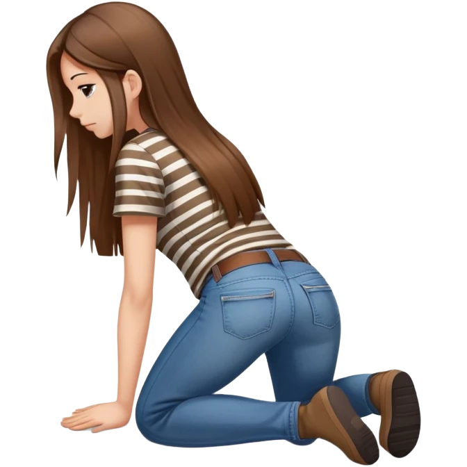 girl with long straight hair in jeans and striped shirt kneeling on the ground seen from behind emoji