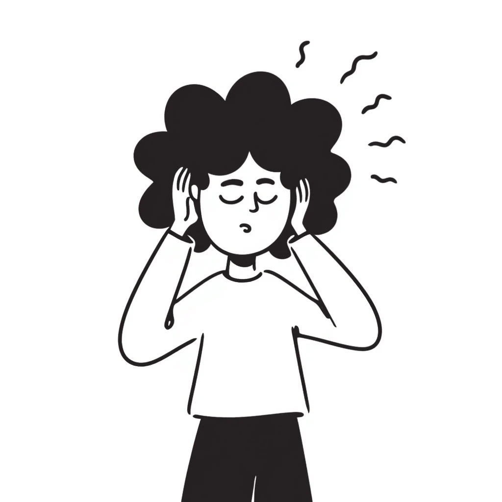sketch of a person with a headache, wavy lines above head emoji