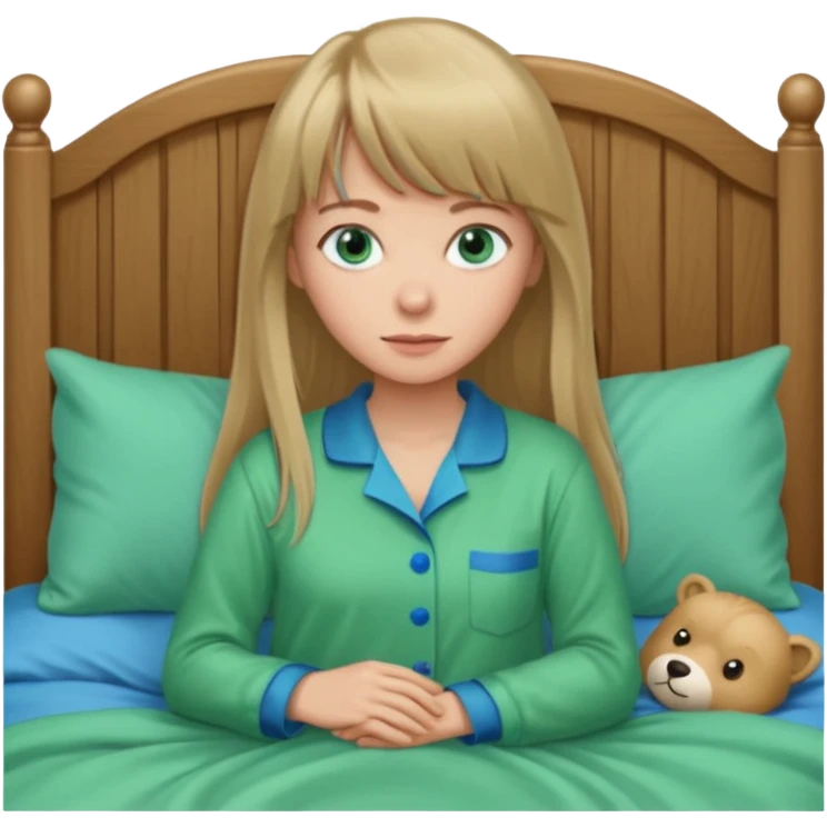 Woman with long dark blond hair and bang woth blue eyes alone in bed  with green pyjama emoji