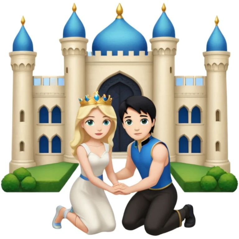 Man as prince, black Hair, blue eyes, woman, blonde, green eyes, shott white sleveless Dress, kneeling, background palace emoji