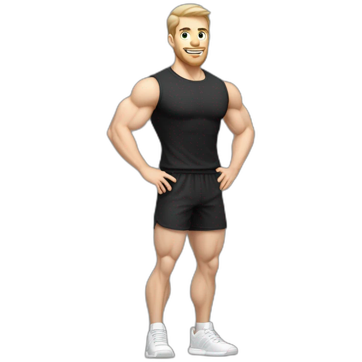 amazed Pale skinned Fit Man With the biceps and dark brown hair in black shirt, gray sports shorts and white Sneakers emoji