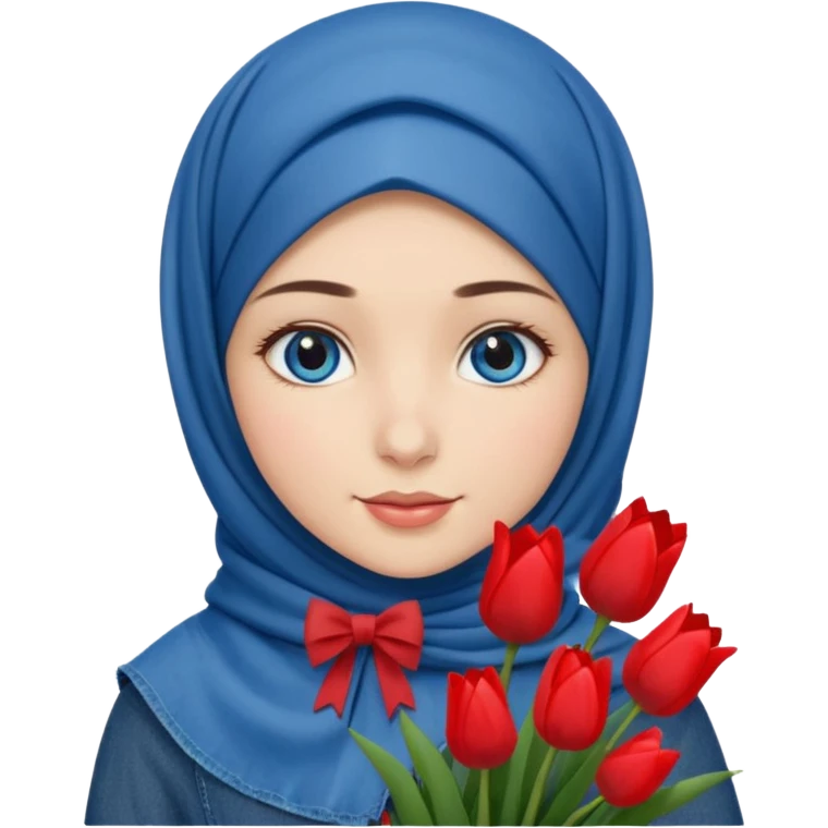 Turkish beautiful finish Konya girl blue eyes with denim bow hijab islamic dress and had on her hand red tulips  emoji