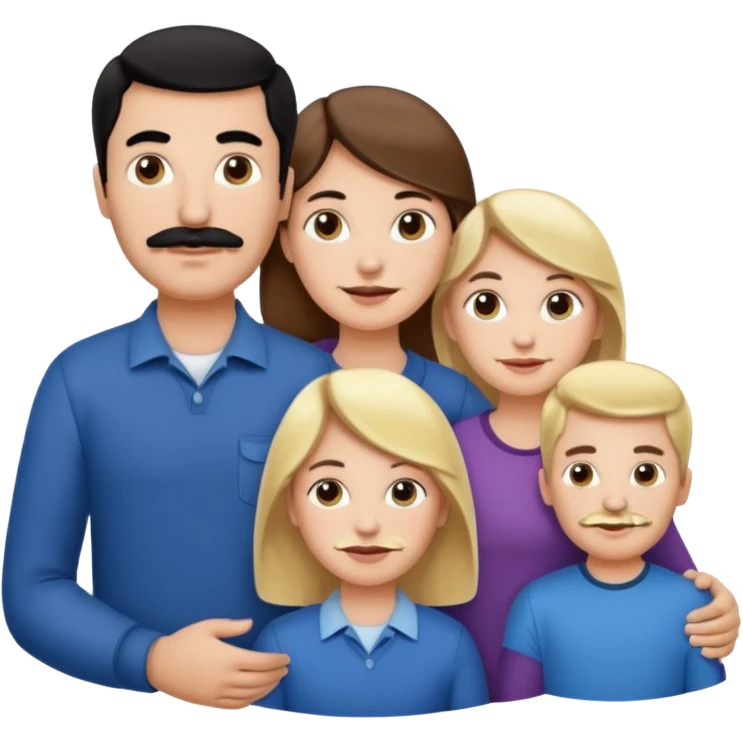 Mom with brown hair. Dad with black hair and mustache. 2 sons with blonde hair. 1 daughter with blonde hair. emoji