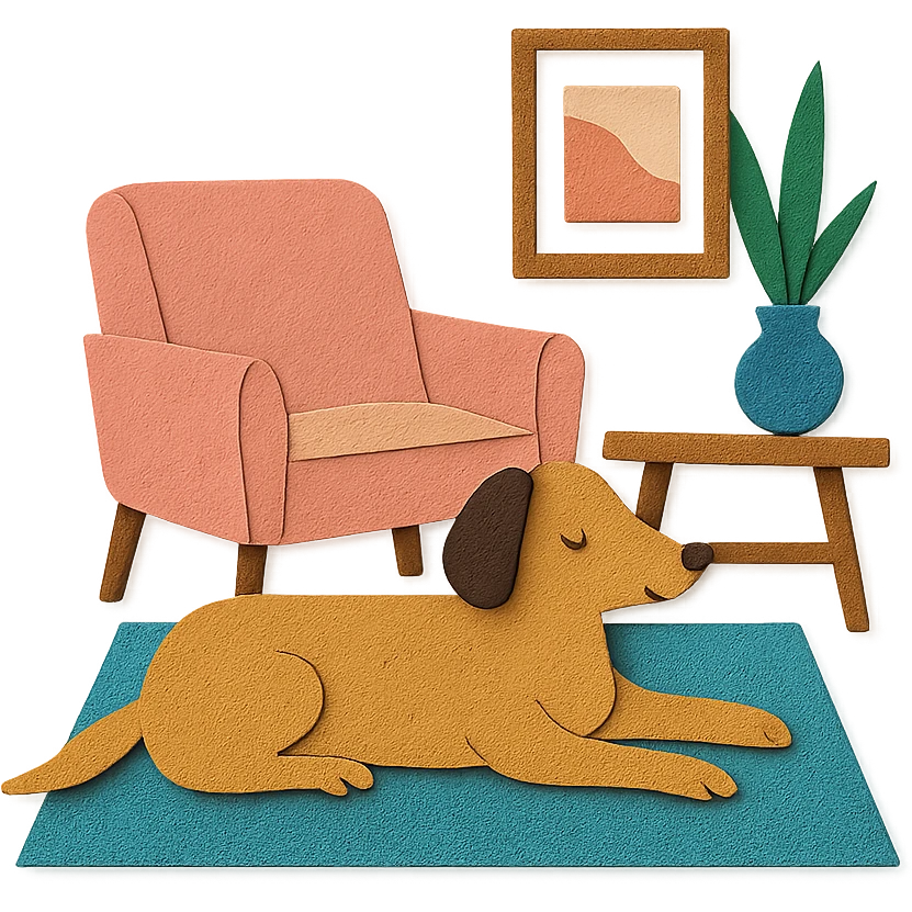 a dog lounging in a stylish room, paper craft style emoji