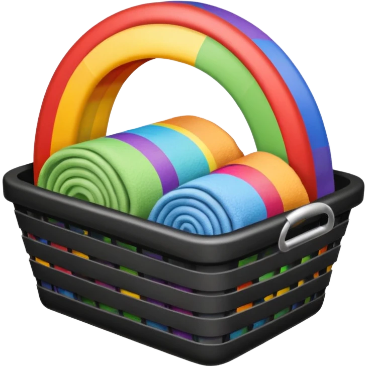 black metal basket with folded towels, with a rainbow outline emoji