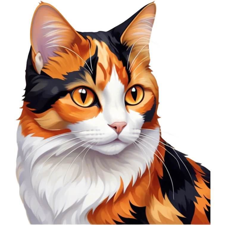 Cinematic Noble Calico Cat Portrait Emoji, Poised and regal, with a striking patchwork fur in vibrant orange, black, and white hues, delicate whiskers and a refined, focused gaze, simplified yet exquisitely detailed, glowing with a soft, moonlit radiance and an air of aristocratic elegance, high shine, exuding dignified intelligence and poised authority, soft glowing outline, capturing the essence of a watchful and noble calico cat that appears ready to grace the screen with effortless majesty! emoji