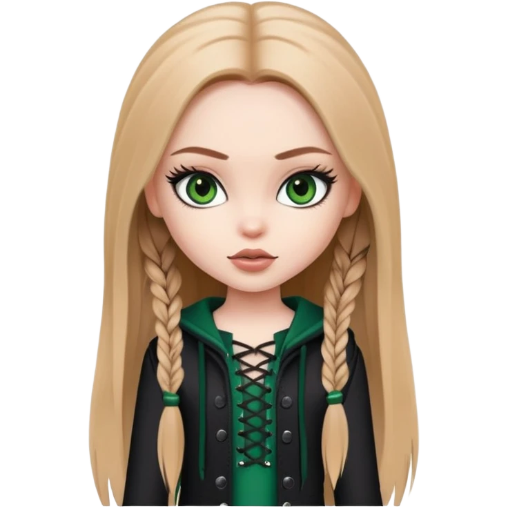 pretty bratz girl, long straight LIGHT BROWN HAIR, dark green eyes, black eyeliner, pale skin, black girly clothes with laces emoji
