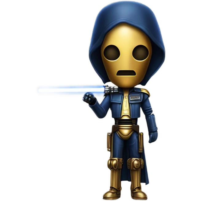 well-equipped jedi first order human-sized darkblue-pearl C3po as a friendly bounty hunter droid wearing a leather attire old west duster coat holding light saber ready to fight but relaxed. antiqued emoji