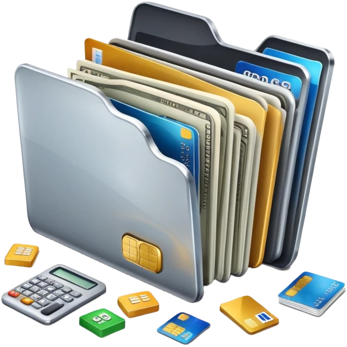 Closed folder icon with small symbols floating around: bank building, credit card, calculator, and document – organized financial archive emoji