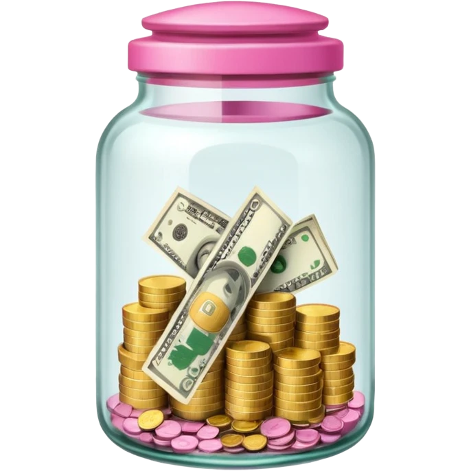glass tip jar emoji style, simple with cash and coins pink emoji