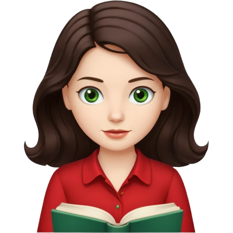 Long wavy dark brown haired, white skinned, dark green eyed girl in red blouse reading a book with a white background  emoji