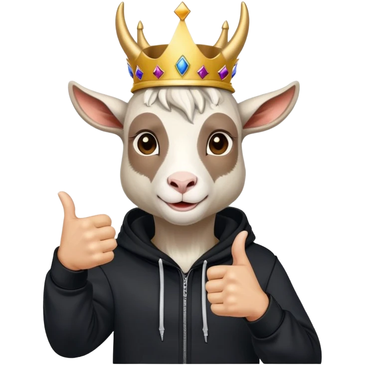 Goat with horns wearing black hoodie and a royal crown thumb up emoji