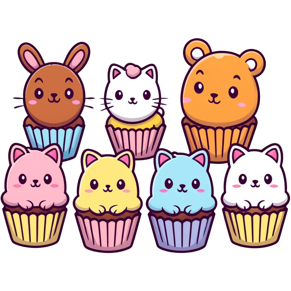 mini cupcakes with animal faces of bear, cat, and rabbit, soft pastel tones, cartoonish sticker style, transparent background emoji