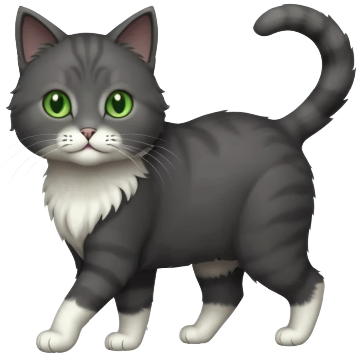 full body solid dark grey cat with green eyes, white paws and white whiskers walking emoji