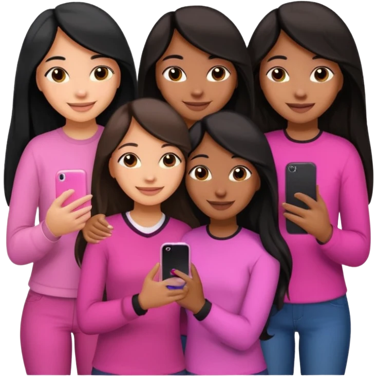 3 brown girl friends with a phone on their hand, one with black long hair light skin,  one with brown hair long and the other one with black with brown medium length hair . Wearing pink glammed up and hugging  emoji