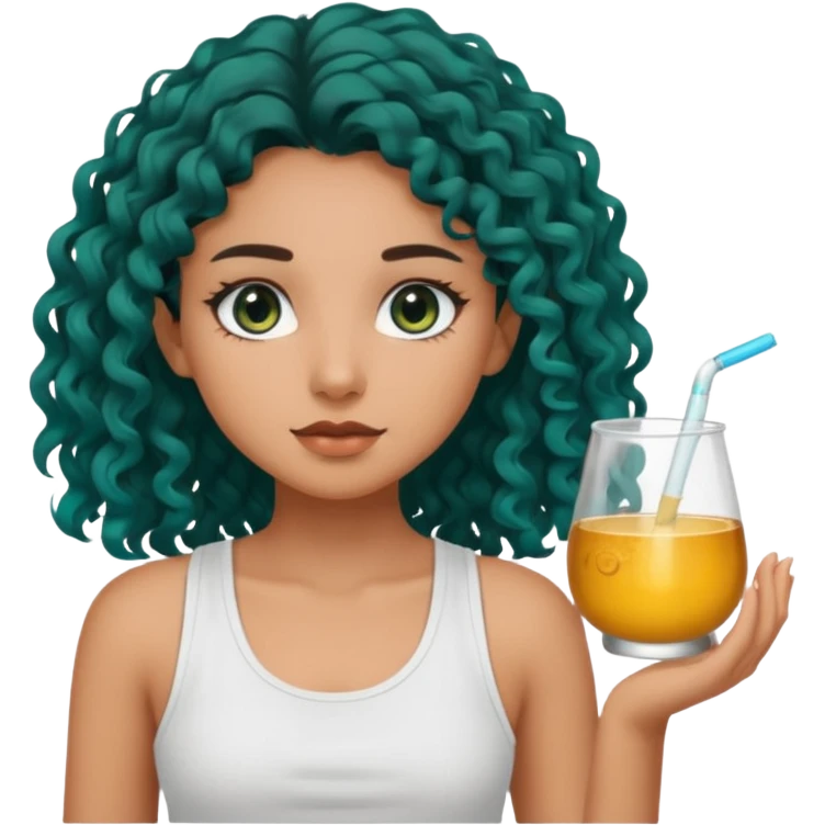 Girl with olive skin, teal eyes, and dark loose curly long hair, pretty white tank top emoji