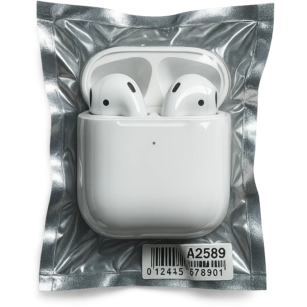 EarPods in a white charging case, glossy and inflated, no background emoji