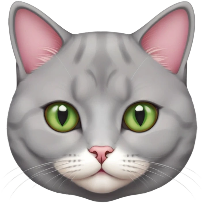a female cat, british short hair mixed with scottish, grey white fur with a little bit of red-brownish, warm green eyes, pink nose emoji