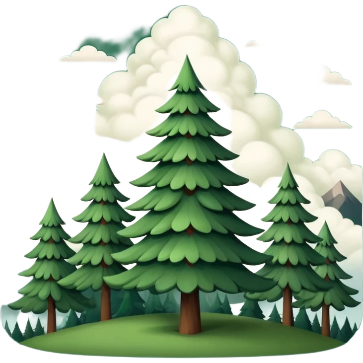 simple single evergreen tree with clouds and mountain in Scandinavian folk style, dark neutral forest colors, favicon or emoji style emoji