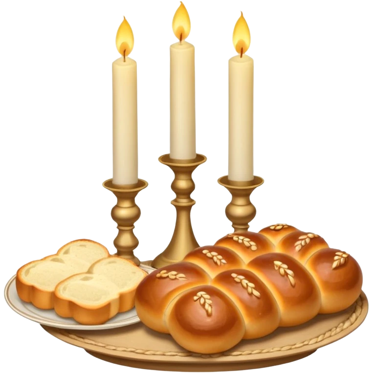 Shabbat 2 candles in pale beige candlesticks and hala bread  emoji