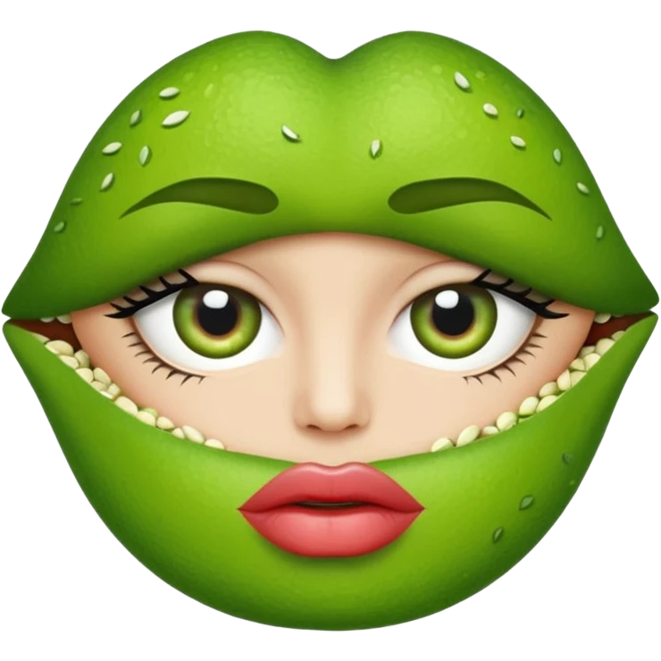 lips open with the top lip having like a questioning eyebrow shape and the lips are green the top one is dark green and bottom one is light green and they have a lime with seeds in the middle and the lips have white light highlights  emoji