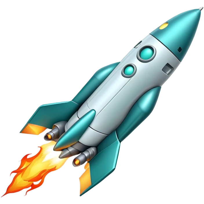 robotic teal spaceship launching to the right with rocket flames emoji