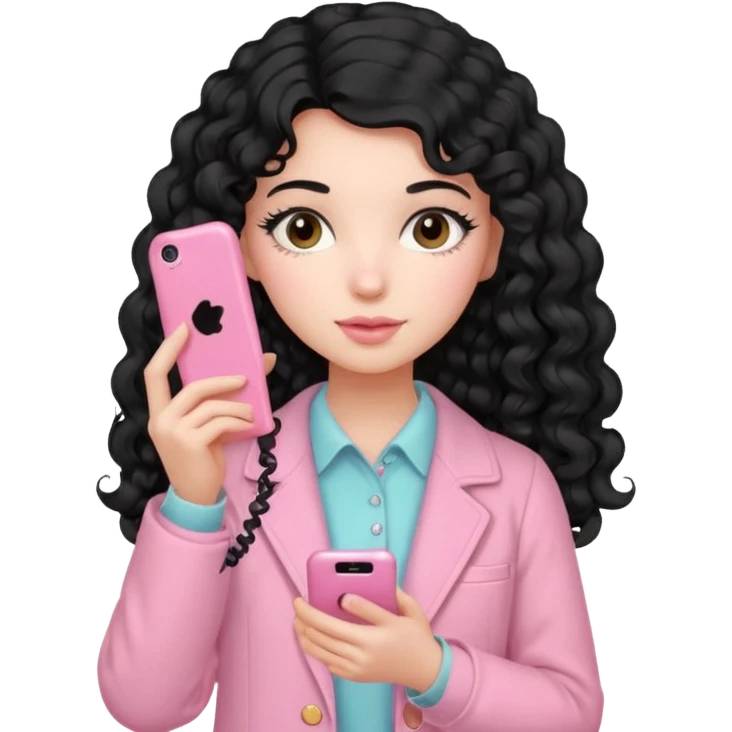Girl with long curly black hair and vintage pastel pink clothing Holding a pink cell phone emoji