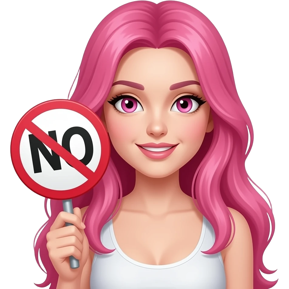 sexy girl with long pink hair and pink eyes holding a NO sign emoji