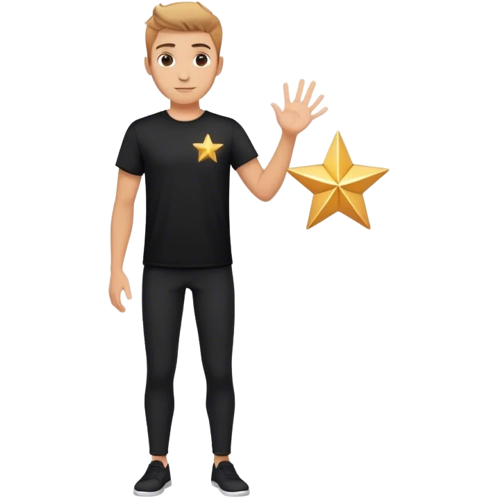 A handsome guy in black t shirt, in black pant. He is holding one hand out. On his hand, there's glittering star like shapes emoji