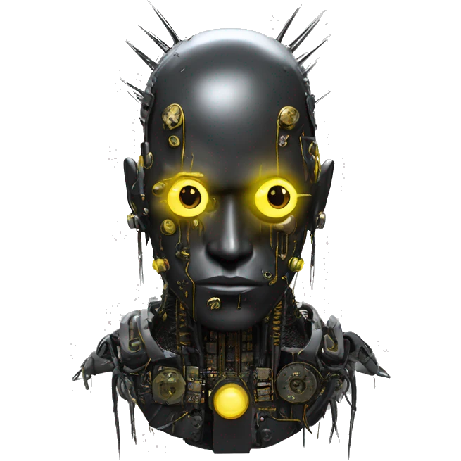 black metal cyborg head with circuitry, one artificial eyeball, and yellow Mohawk goatee emoji