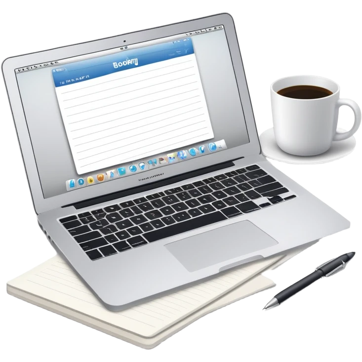 online booking system on MacBook screen beside a classic paper notebook and pen emoji