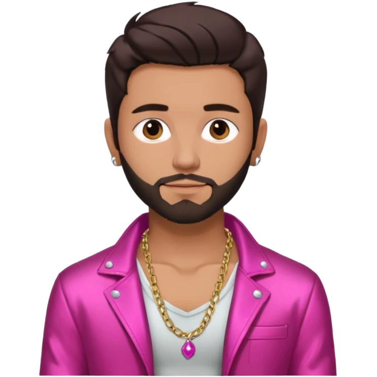 Frankie Zulferino, Pop Singer (b.1990) with dark brown hair and short beard shirtless with necklace, dark pink metallic jacket emoji